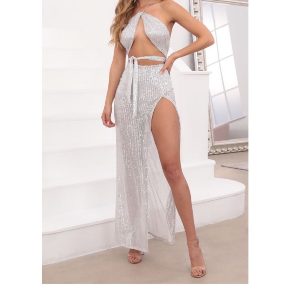 Giuliana Ruched Sequin Set in Silver
